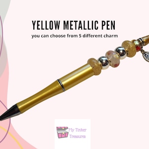 Metallic gele pen met blaadje, gele met witte kralen pen, moederdag, verjaardag, planner pen, schoolpen, leraren kado