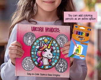 Unicorn Wonders Easy-to-Color Stained Glass Coloring Book 8.5 x 8.5 inch coloring book with pencils