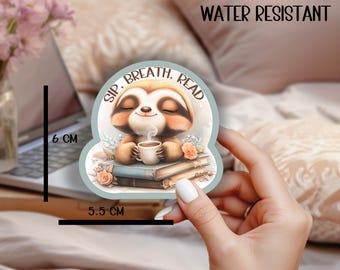 Sloth Reading Coffee Sticker, watercolor - Water Resistant - vinyl sticker