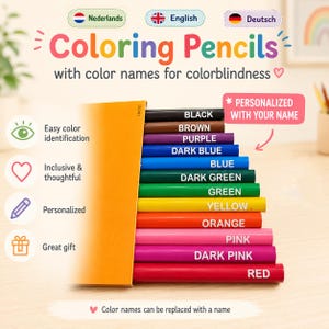 May include: A set of coloring pencils arranged in a stack, each labeled with its color name in white text. The colors include black, brown, purple, dark blue, blue, dark green, green, yellow, orange, pink, dark pink, and red. The text reads Coloring Pencils with color names for colorblindness and personalized with your name.
