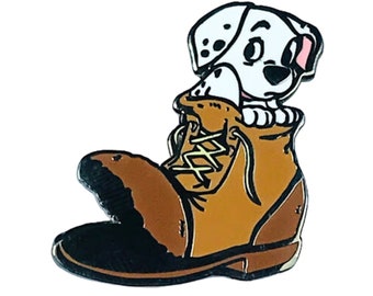 May include: A brown leather boot with a black sole and laces. A Dalmatian puppy is peeking out of the top of the boot.