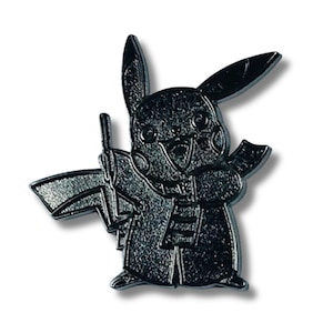 May include: A dark gray Pikachu pin, featuring the iconic character in a wizard-like outfit, holding a staff and a lightning bolt. The pin has a detailed, textured surface and a shiny finish, perfect for fans of the popular franchise.