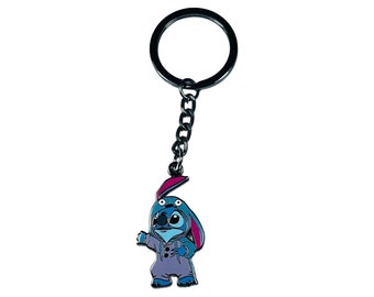 May include: A blue and pink Stitch character keychain with a black metal ring and chain. The character is wearing a blue and pink hooded outfit.