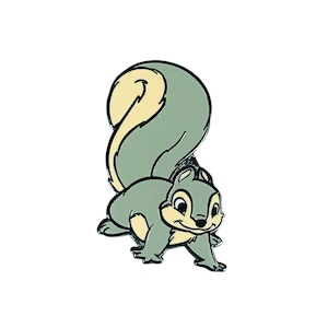 May include: A cartoon squirrel with a bushy tail. The squirrel is gray with a light yellow underside and a light yellow tail tip. The squirrel is walking forward with its head turned to the side.