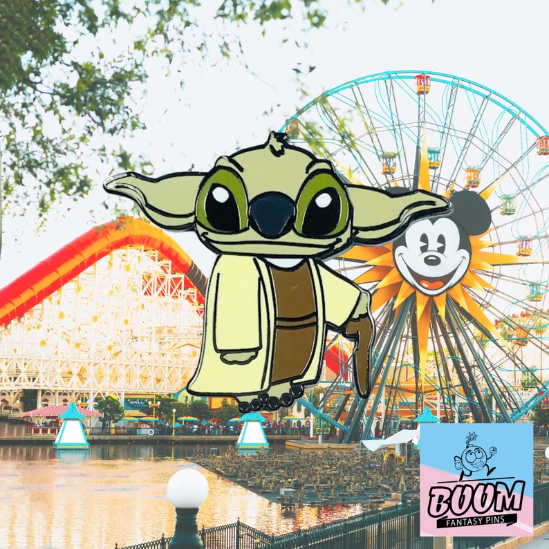 May include: A green and brown cartoon character wearing a tan robe and holding a cane. The character is standing in front of a Ferris wheel with Mickey Mouse's head on it. The background is a colorful amusement park.