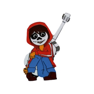 May include: A red and white cartoon character with a skull face and brown hair, wearing a red hoodie and blue jeans, playing a white guitar.