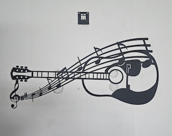 Guitar Metal Wall Art - Music Notes Steel Sign - 42"x22" Powder Coated Black Wall Decor for Musicians, Studios, or Home Music Room