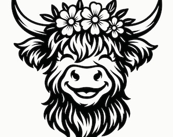 Vaca de las Tierras Altas Floral SVG: Decoración de granja cortada a láser (Descarga digital)