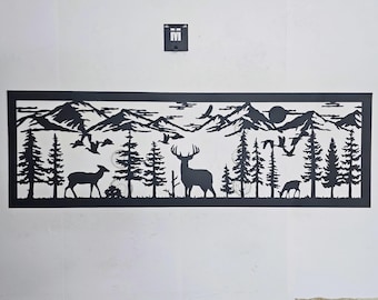 Metal Wildlife Wall Art: Mountain Forest Scene - Rustic Cabin Decor