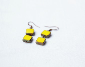 Yellow earring square, Long yellow earring, Glassed yellow earrings