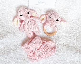 Elephant baby shower girl gift box: pink elephant girl rattle, stuffed elephant girl toy, personalized elephant gift, expecting mom gift