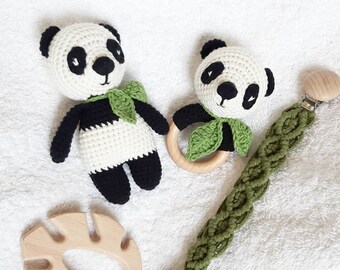 Congratulations pregnancy gift: stuffed panda baby toy, crochet panda rattle & crib shoes, macrame paci clip, expecting mom gift