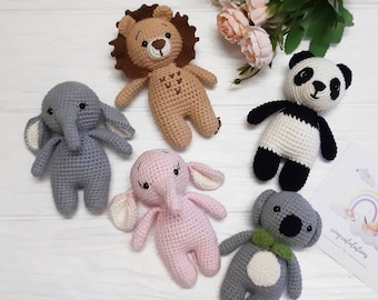 Stuffed safari animals: elephant, lion, panda, koala, set of knitted toys animals for baby and kids, neutral baby toys, safari baby shower