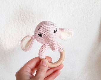 Personalized elephant baby rattle for baby announcement, knit elephant boy rattle, pink elephant baby gift, elephant safari baby shower gift