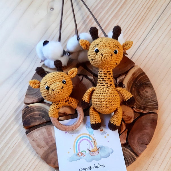 Giraffe baby gift personalized, crochet giraffe stuffed toy & rattle, safari giraffe baby shower, pregnancy congrats, expecting mom gift