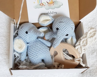 Elephant baby boy gift box, its a boy gift basket, welcome baby boy, newborn boy elephant rattle, 6 months boy toys, jungle shower gift boy