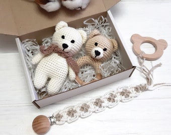 Little teddy bear baby gift set personalized for woodland baby shower, pregnancy announcement box, baby gift box, crochet bear rattle toy