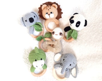 Safari animal baby toy 6 month: sloth, koala, elephant, dinosaur, lion baby rattle, postpartum baby gift, pregnant sister gift, keepsake