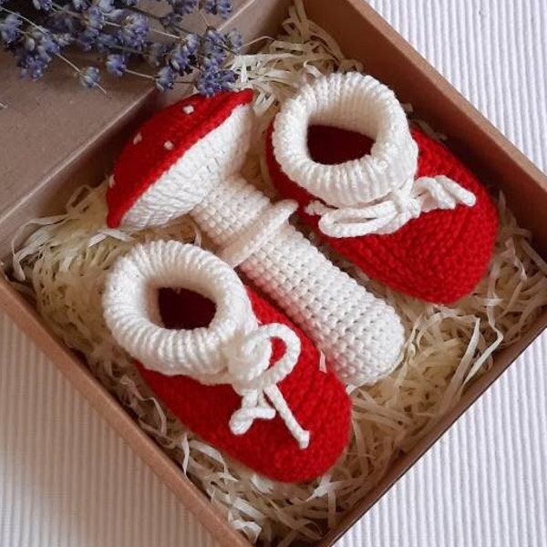 Fly agaric mushroom rattle & santa baby shoes, christmas booties, unique goblincore baby gift, knit rattle and booties, forest baby shower