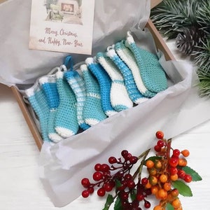 Mini christmas stockings in blue white turquoise, Christmas mini ornaments, tiny christmas mini stocking garland, turquoise christmas decor