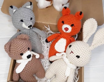 Bosknuffelset: beer konijn vos wolf speelgoed, gehaakt boskinderspeelgoed drieling, baby en vrienden, gebreide dierenpop