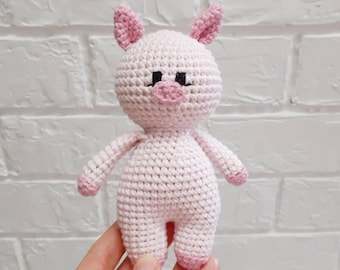 Crochet stuffed pink pig doll, farm baby shower gift, cottagecore baby toy, farm stuffed animal, pig baby rattle toy, pregnancy announcement