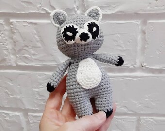 Raccoon knit toy, tiny raccoon plush, crochet stuffed raccoon, toys for kids and toddlers, raccoon gift ornament, woodland stuffed animals