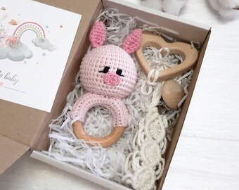 Pink pig baby rattle, farm baby shower gift, pink baby toy, knit pig rattle, farm baby rattle, pig baby shower, personalized baby rattle toy