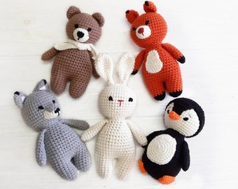 Bichinhos de pelúcia tricotados: lobo, raposa, urso, coelho, guaxinim, brinquedos de crochê para bebês a partir de 1 ano, animais de floresta encantada para bebês, chá de bebê com tema de floresta