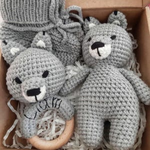 Baby Geschenkbox Junge wilde Wolf: Wolf Babyrassel und Booties, Wolf Baby Mütze, Stofftier Wolf Baby Andenken, neue Mama Geschenkkorb