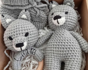 Baby boy wild wolf gift box: wolf baby rattle and booties, wolf baby bonnet, stuffed wolf toy \ wolf baby keepsake, new mom gift basket