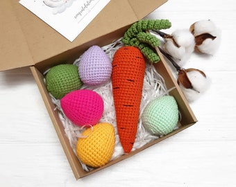 Baby easter basket stuffers, baby first easter gift, crochet easter egg rattles, knit carrot rattle, easter toddler toys, infant easter