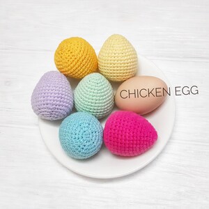 May include: A white plate with a brown chicken egg and six crocheted eggs in various colors: yellow, lavender, light green, light blue, and pink. The text "CHICKEN EGG" is printed on the plate.