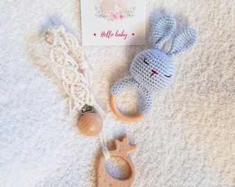 Baby boy gift box for pregnant sister, rabbit baby boy gift basket, its a boy announcement, blue bunny rattle & pacifier clip, coworker baby