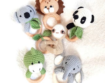 Safari animal baby toy 6 month: sloth, koala, elephant, dinosaur, crochet lion rattle, postpartum baby gift, pregnancy announcement box
