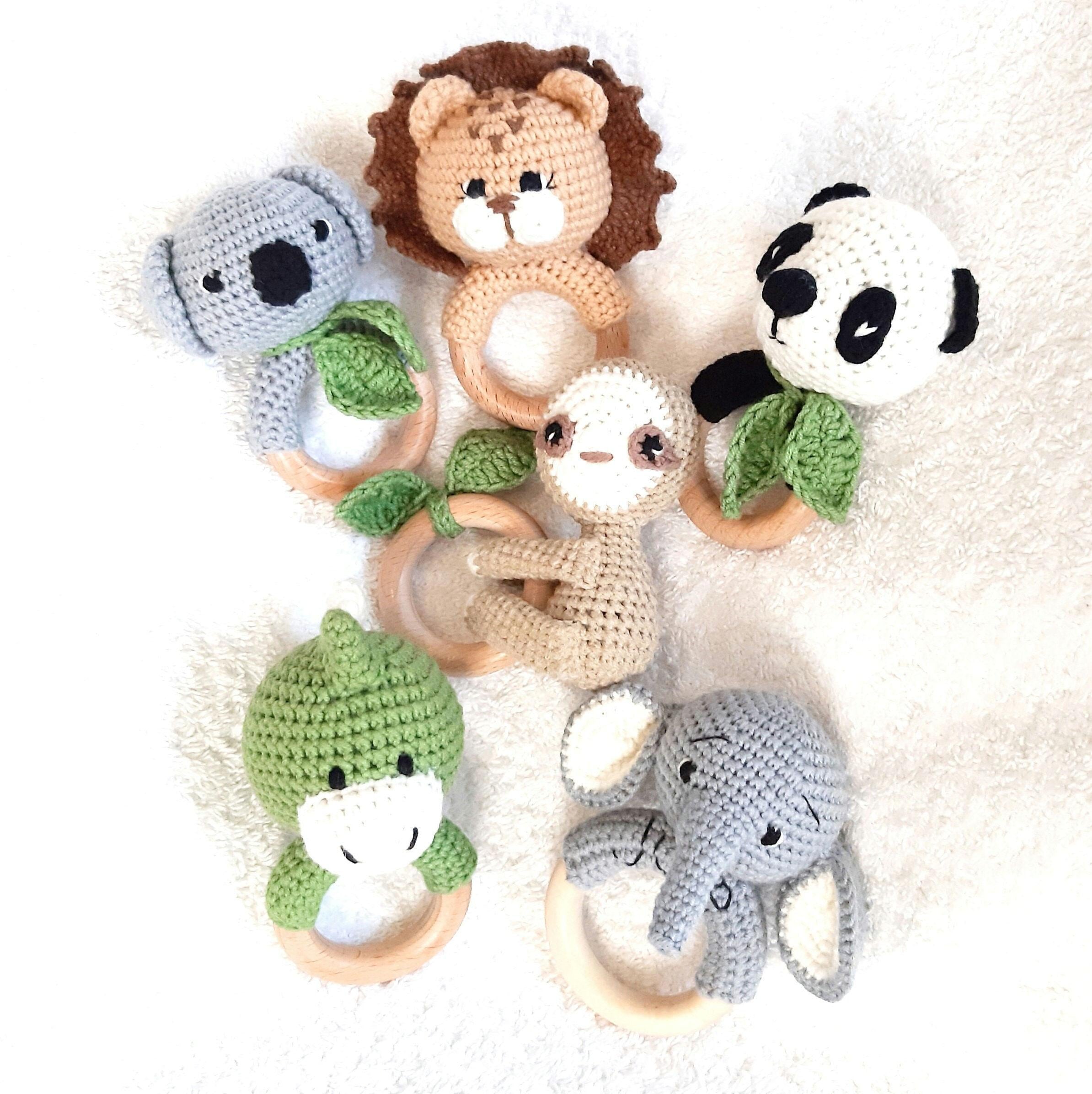 Crochet Safari Animal Rattle: sloth, koala, elephant, dinosaur, panda, tiger, lion, Wooden Ring Baby Toy