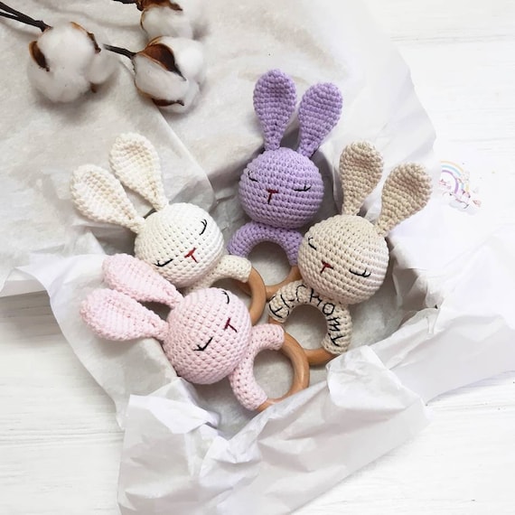 Cartoon Rabbit Crochet Plush Ring Wooden Bunny Baby Rattle Plush Rattles Toys for Infants, Size: One size, Pink
