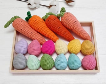 Baby first easter basket stuffers: easter egg rattle, crochet carrot rattle, montessori baby and toddler toys, infant easter basket toys