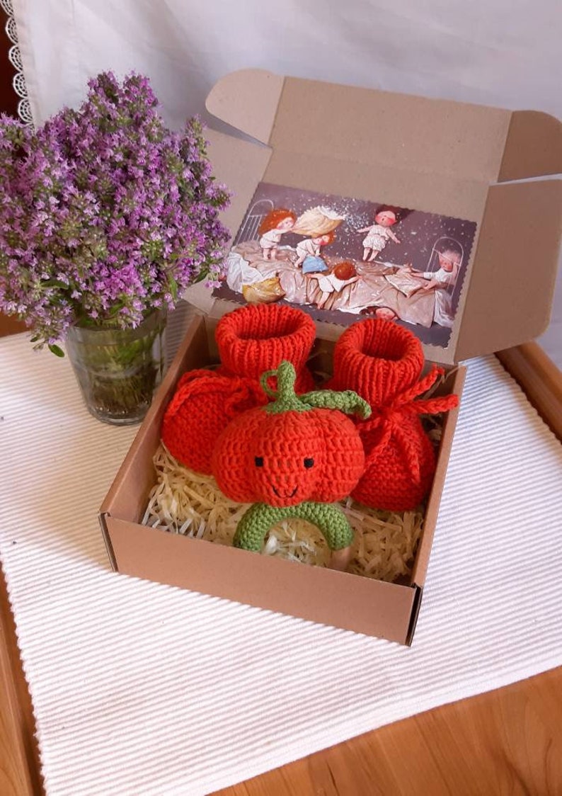 May include: A brown cardboard box with a red knitted baby bootie, a red knitted tomato rattle, and a green and brown wooden ring rattle. The box is filled with shredded paper.