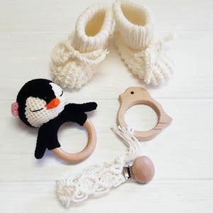 Penguin baby girl gift box: personalized rattle penguin & booties, white cotton bonnet, penguin pregnancy announcement gift box, baby shower