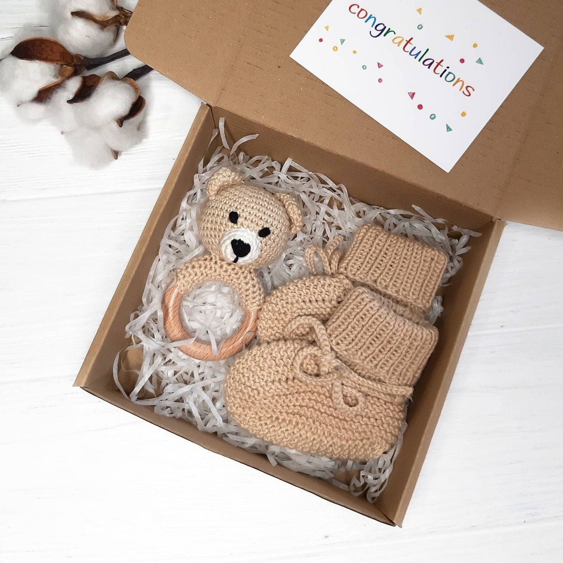 Bear Gender Neutral Baby Basket: Crochet Bear Rattle and Crib Shoes ...