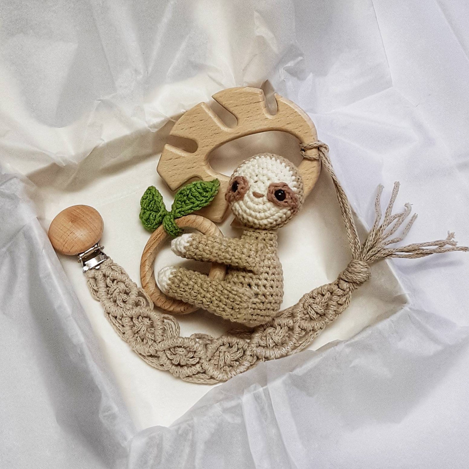Baby gift gender neutral sloth rattle macrame pacifier Etsy