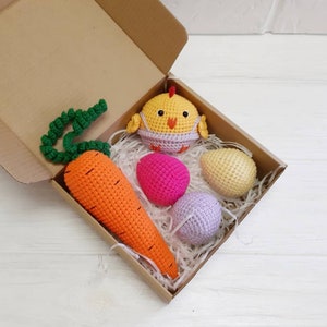 Newborn first easter basket stuffers for baby and toddlers: crochet chicken toy, easter egg rattles, carrot baby rattle, infant easter gifts