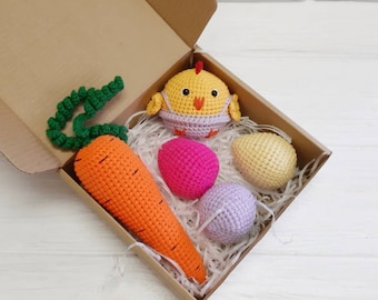 Newborn first easter basket stuffers for baby and toddlers: crochet chicken toy, easter egg rattles, carrot baby rattle, infant easter gifts