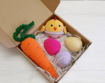 Premiers paniers de pâques nouveau-nés pour bébé et tout-petits : poulet au crochet, hochets oeufs de pâques, hochet bébé carottes, cadeaux de Pâques pour bébé