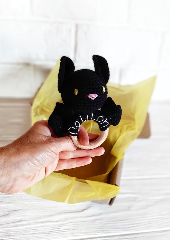 Black bat halloween baby rattle, crochet bat rattle on wooden ring, personalized baby halloween gift, spooky baby toys, goth baby shower