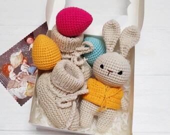 Canastas de Pascua para bebés, juguetes de Pascua para bebés pequeños, regalo de Pascua para niñas, primera canasta de Pascua, sonajero de huevos de ganchillo, conejito de Pascua para bebés.