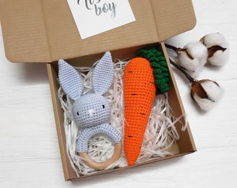 Easter basket stuffers baby boy: crochet blue bunny rattle & knitted booties, easter egg rattles, crochet carrot rattle, infant easter box