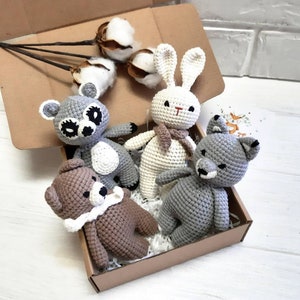 Woodland stuffed animals: teddy bear, racoon bunny wolf fox toys, woodland baby shower, crochet woodland animals nursery decor, baby wolf