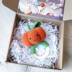 May include: A crocheted pumpkin-shaped teether with a wooden ring. The teether is orange with a green stem and a smiling face. It is packaged in a brown box with white shredded paper.